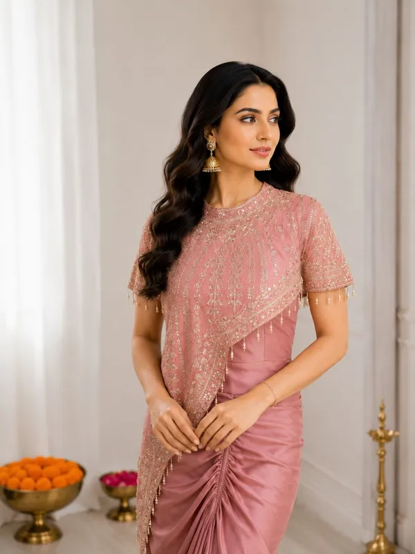 Pink_Heavy_Crepe_Embellished_Pre-Draped_Saree_For_Women
