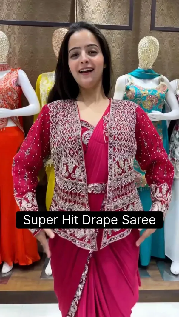 Pink_Heavy_Crepe_Embellished_Drape_Saree_With_Jacket_For_Women