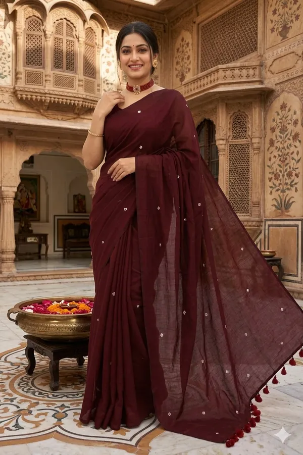 Wine_Lilen_Cotton_Mirror_Work_Tassel_Border_Saree_For_Women