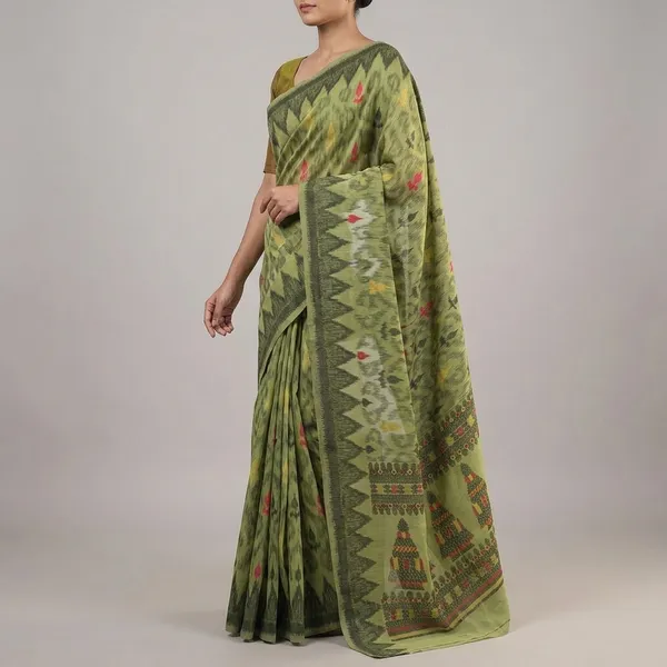 Green_Cotton_Ikat_Print_Saree_For_Women