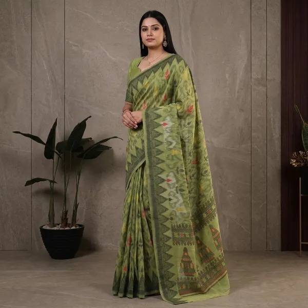 Green_Cotton_Ikat_Print_Saree_For_Women