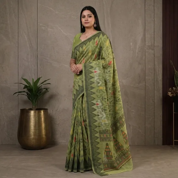 Green_Cotton_Ikat_Print_Saree_For_Women