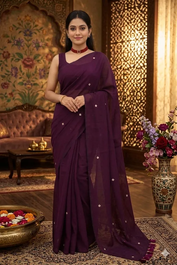 Wine_Lilen_Cotton_Mirror_Work_Tassel_Border_Saree_For_Women