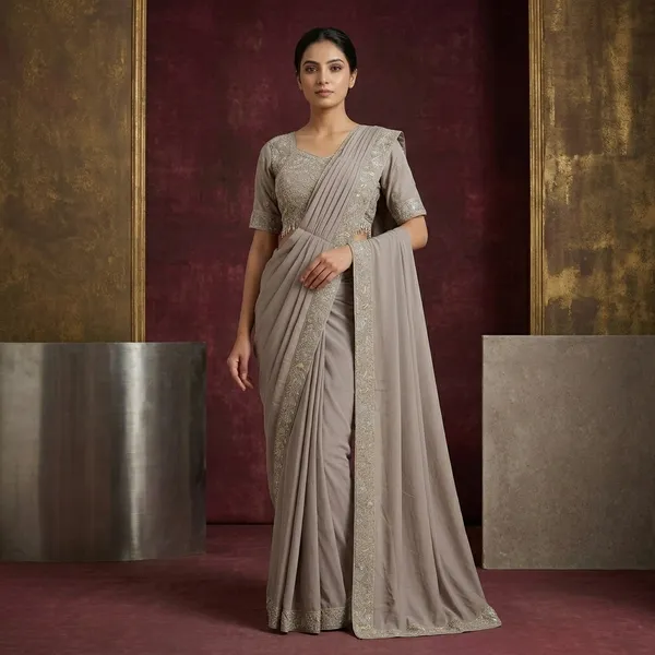 Grey_Heavy_Crepe_Embroidered_Golden_Border_Saree_For_Women