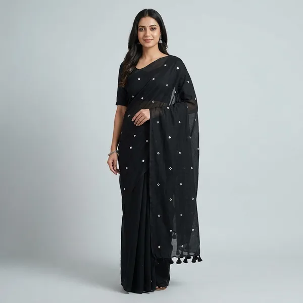 Black_Line_Mirror_Work_Tassel_Border_Saree_For_Women
