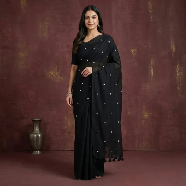 Black_Line_Mirror_Work_Tassel_Border_Saree_For_Women