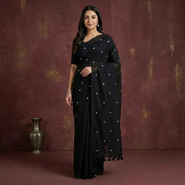 Black_Line_Mirror_Work_Tassel_Border_Saree_For_Women