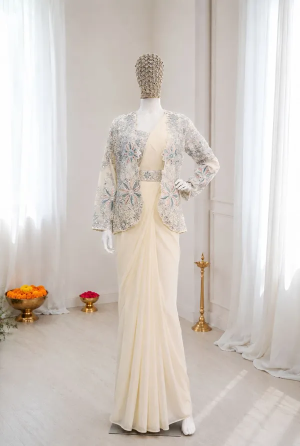 Ivory_Heavy_Crepe_Silk_Embroidered_Jacket_Draped_Saree_For_Women