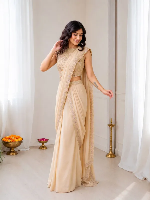 Beige_Heavy_Crepe_Golden_Embroidered_Saree_With_Blouse_For_Women
