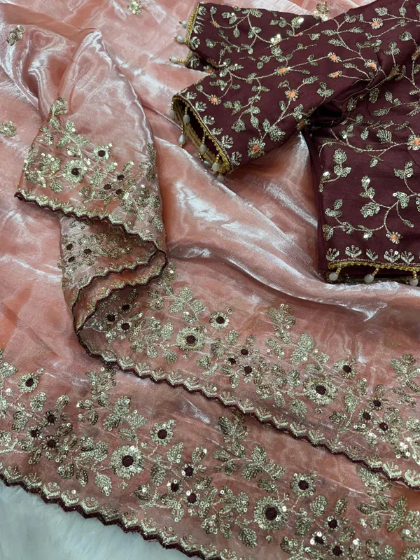 Peach_Zimu_Cu_Embroidered_Dupatta_With_Maroon_Floral_Saree_Set
