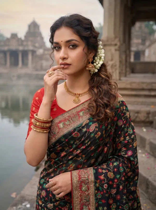 Black_Silk_Floral_Print_Saree_With_Red_Blouse_For_Women