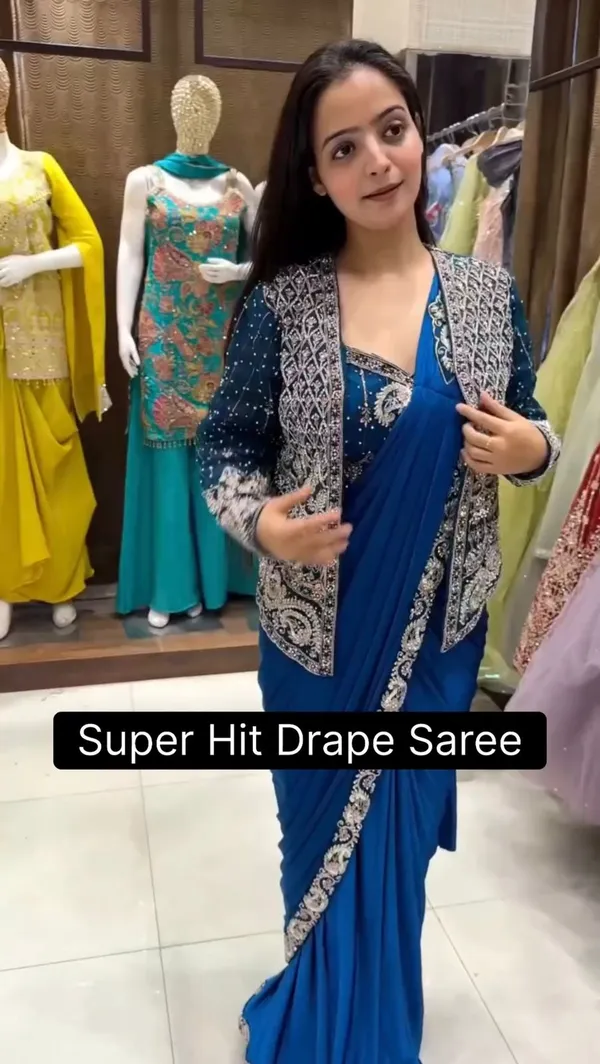 Blue_Heavy_Crepe_Pre-Draped_Saree_With_Embellished_Jacket_For_Women