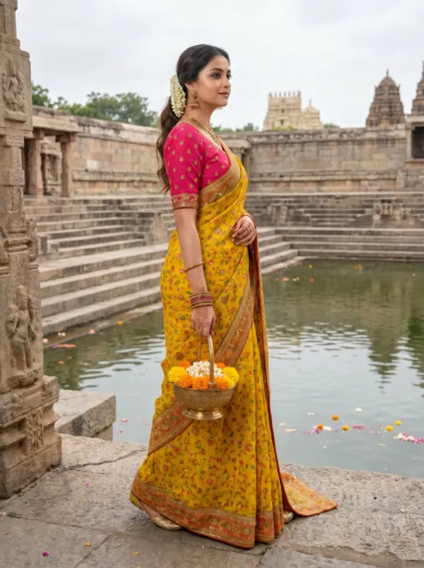 Yellow_Silk_Floral_Embroidered_Saree_With_Pink_Blouse_For_Women
