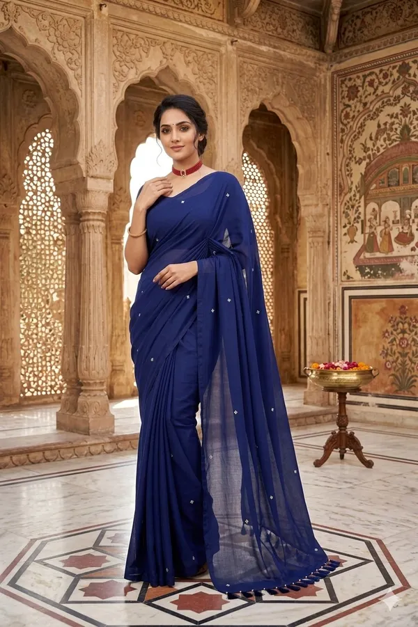 Blue_Lilen_Cotton_Mirror_Work_Saree_For_Women