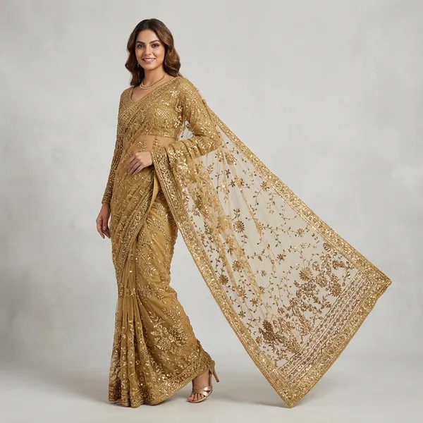 Gold_Net_Embroidered_Sequin_Work_Saree_For_Women