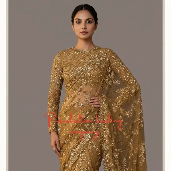 Gold_Net_Embroidered_Sequin_Work_Saree_For_Women