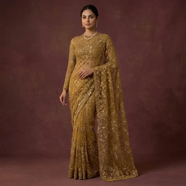 Gold_Net_Embroidered_Sequin_Work_Saree_For_Women