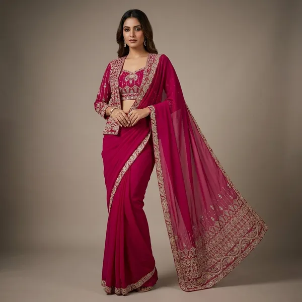 Pink_Heavy_Crepe_Embellished_Drape_Saree_With_Jacket_For_Women