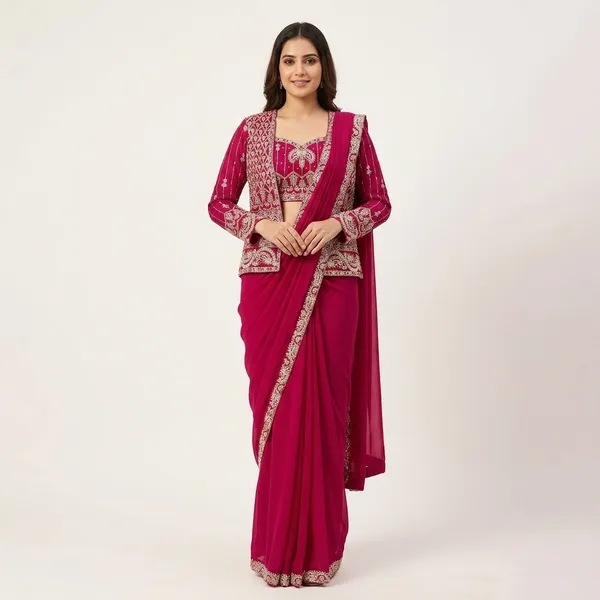 Pink_Heavy_Crepe_Embellished_Drape_Saree_With_Jacket_For_Women