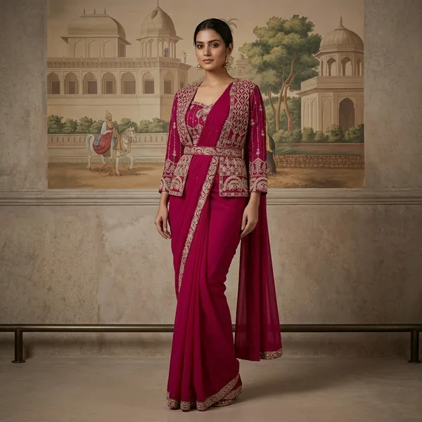 Pink_Heavy_Crepe_Embellished_Drape_Saree_With_Jacket_For_Women