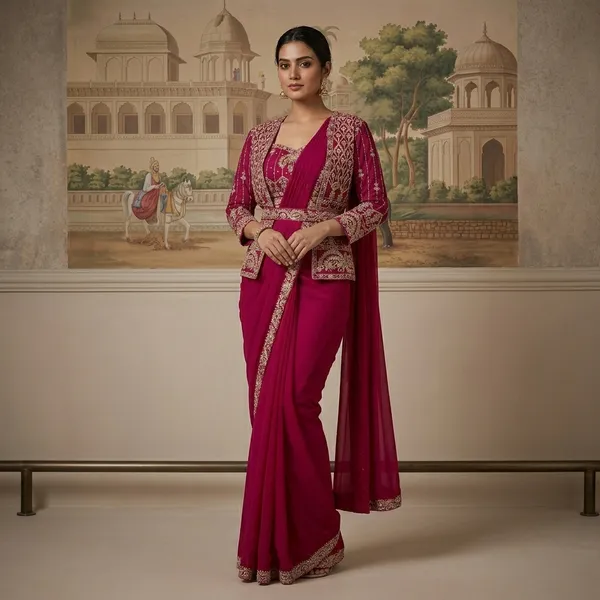 Pink_Heavy_Crepe_Embellished_Drape_Saree_With_Jacket_For_Women