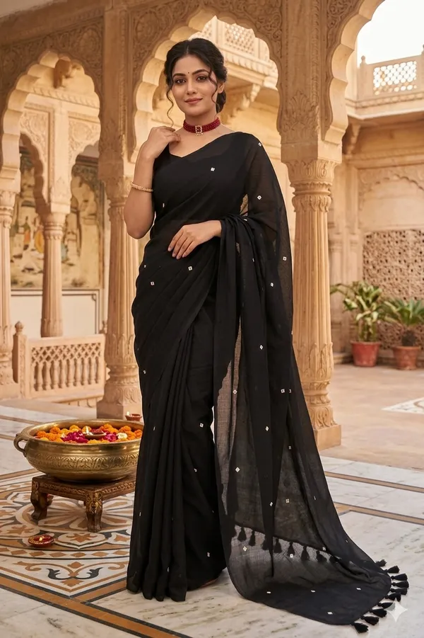 Black_Line_Mirror_Work_Tassel_Border_Saree_For_Women