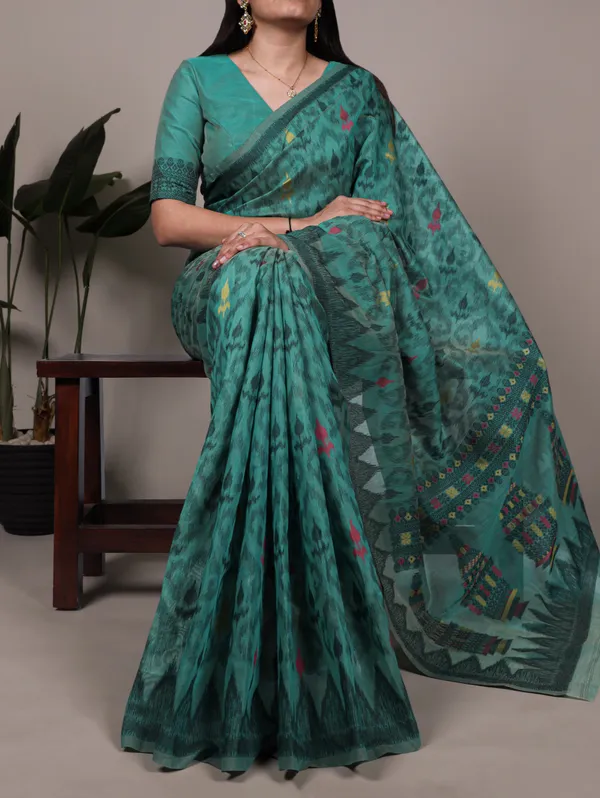 Green_Cotton_Jamdani_Floral_Woven_Saree_For_Women