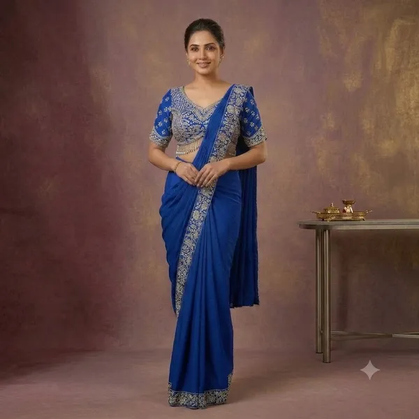 Blue_Heavy_Crepe_Embroidered_Saree_Set_For_Women