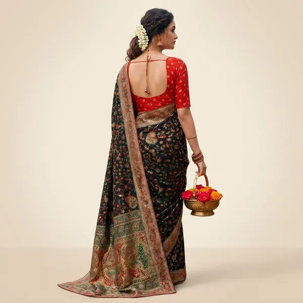 Black_Silk_Floral_Print_Saree_With_Red_Blouse_For_Women