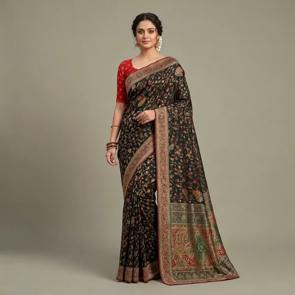 Black_Silk_Floral_Print_Saree_With_Red_Blouse_For_Women