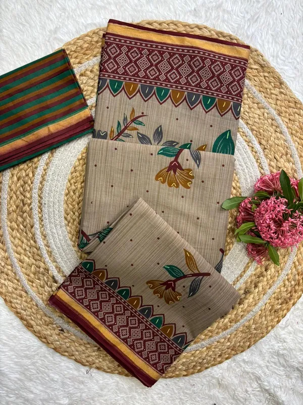 Beige_Cotton_Floral_Print_Saree_With_Maroon_Border_For_Women