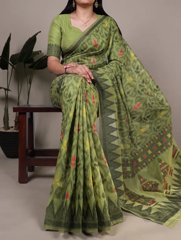 Green_Cotton_Ikat_Print_Saree_For_Women