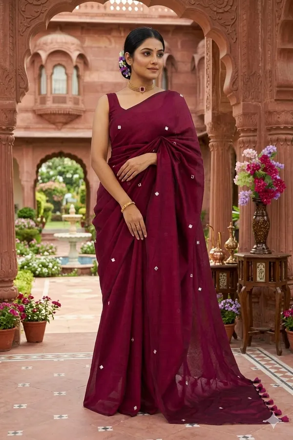 Wine_Lilen_Cotton_Mirror_Work_Tassel_Border_Saree_For_Women