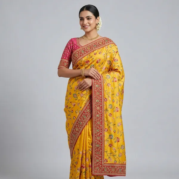 Yellow_Silk_Floral_Embroidered_Saree_With_Pink_Blouse_For_Women
