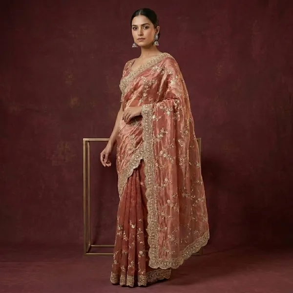 Peach_Organza_Silk_Embroidered_Sequin_Work_Saree_For_Women