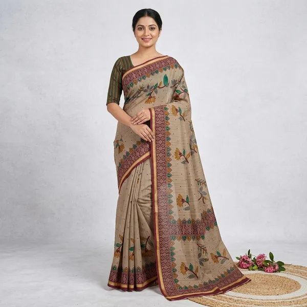 Beige_Cotton_Floral_Print_Saree_With_Maroon_Border_For_Women