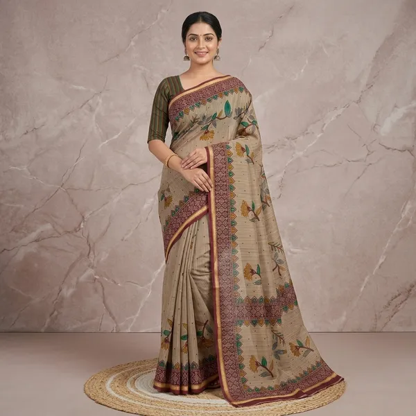 Beige_Cotton_Floral_Print_Saree_With_Maroon_Border_For_Women