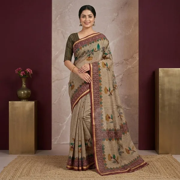Beige_Cotton_Floral_Print_Saree_With_Maroon_Border_For_Women