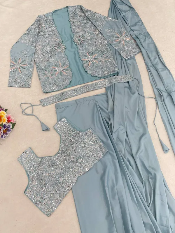 Blue_Heavy_Crepe_Embroidered_Pre-Draped_Saree_With_Jacket_For_Women