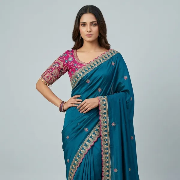 Teal_Fancy_Fabric_Fancy_Embroidered_Saree_With_Pink_Blouse_For_Women