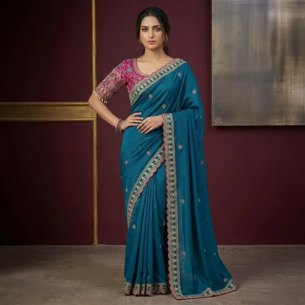 Teal_Fancy_Fabric_Fancy_Embroidered_Saree_With_Pink_Blouse_For_Women