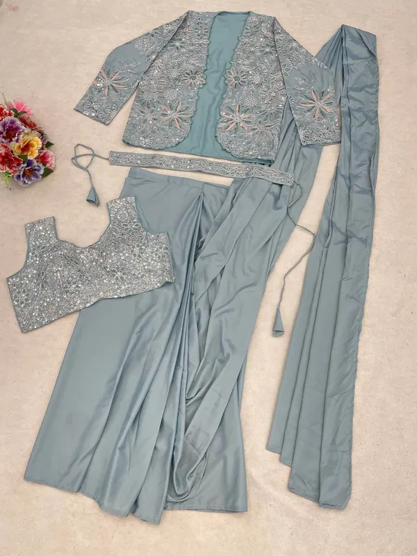 Blue_Heavy_Crepe_Embroidered_Pre-Draped_Saree_With_Jacket_For_Women