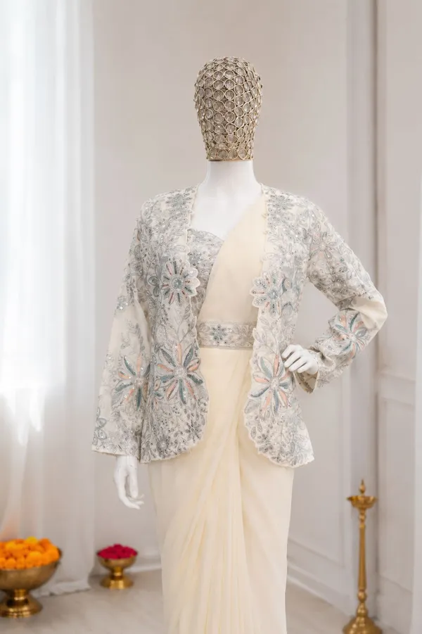 Ivory_Heavy_Crepe_Silk_Embroidered_Jacket_Draped_Saree_For_Women