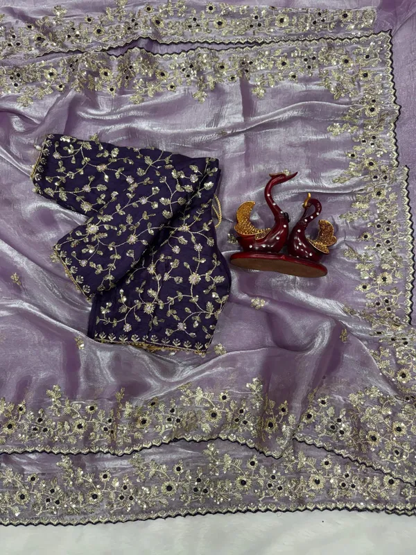Lavender_Soft_Jimmi_Chu_Golden_Embroidered_Saree_With_Dupatta_And_Blouse_For_Women
