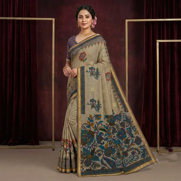 Grey_Cotton_Kalamkari_Print_Saree_With_Dupatta_For_Women
