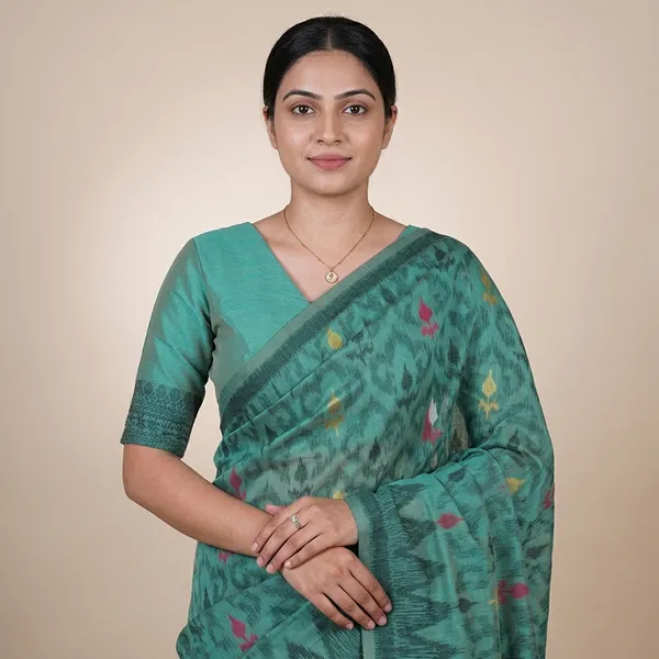 Green_Cotton_Jamdani_Floral_Woven_Saree_For_Women