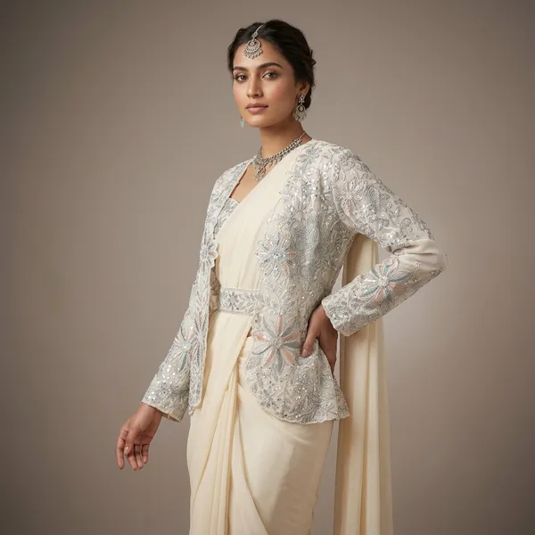 Ivory_Heavy_Crepe_Silk_Embroidered_Jacket_Draped_Saree_For_Women