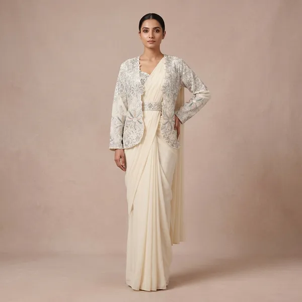 Ivory_Heavy_Crepe_Silk_Embroidered_Jacket_Draped_Saree_For_Women