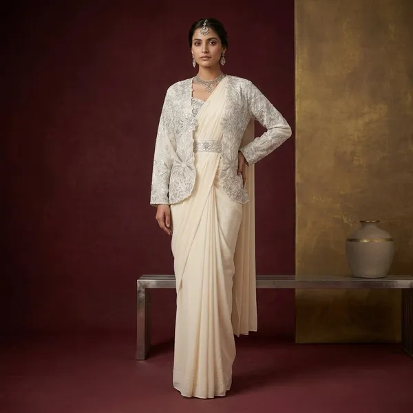 Ivory_Heavy_Crepe_Silk_Embroidered_Jacket_Draped_Saree_For_Women