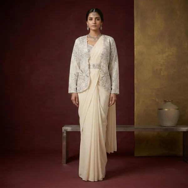 Ivory_Heavy_Crepe_Silk_Embroidered_Jacket_Draped_Saree_For_Women